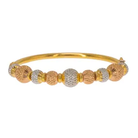 22K Multi Tone Gold Bangle W/ Rose, White & Yellow Accent Dimpled Balls