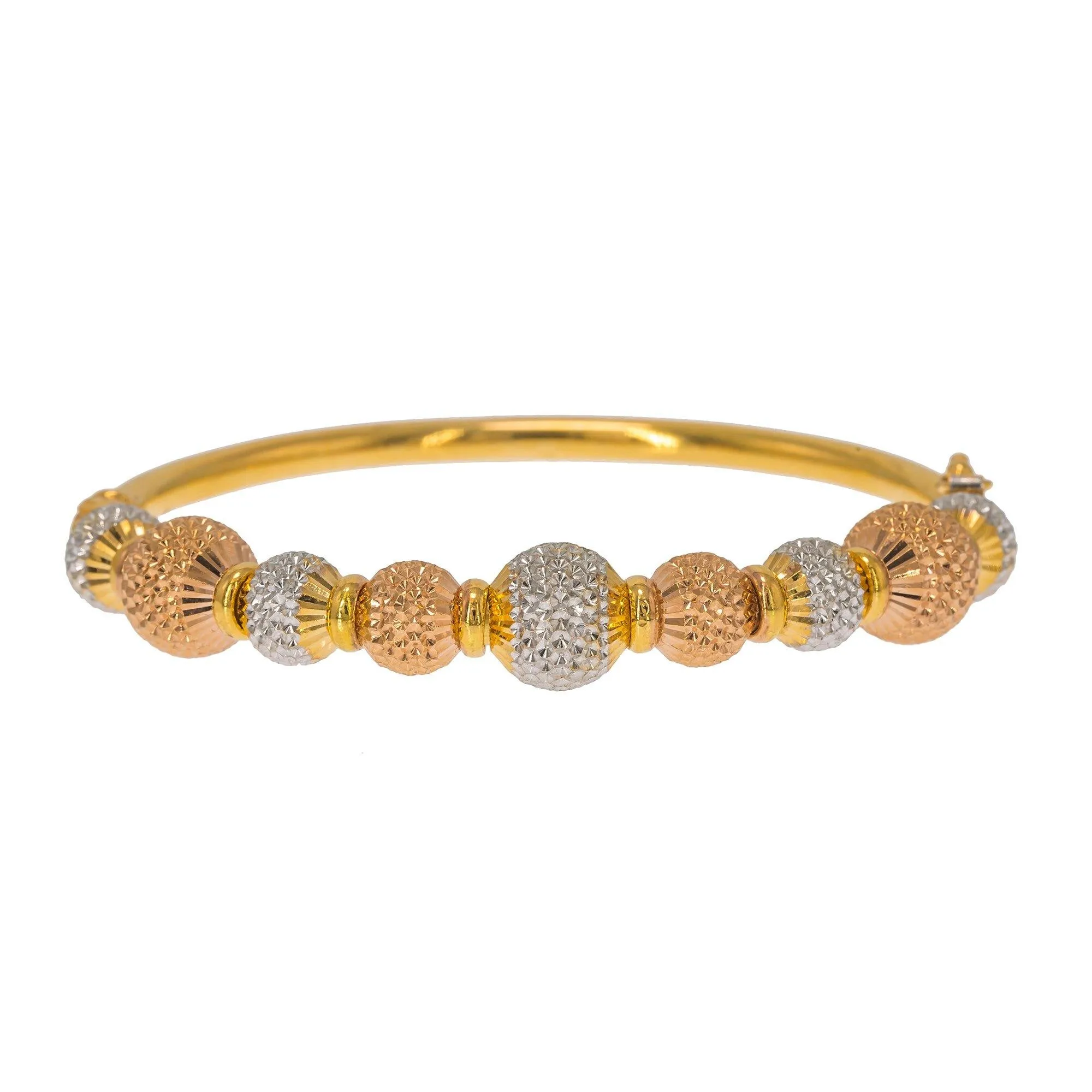 22K Multi Tone Gold Bangle W/ Rose, White & Yellow Accent Dimpled Balls