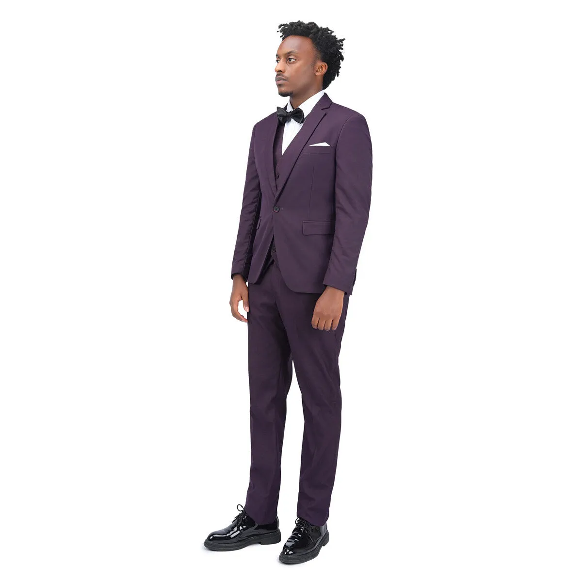 3-Piece Slim Fit Solid Color Jacket Smart Wedding Formal Suit Purple