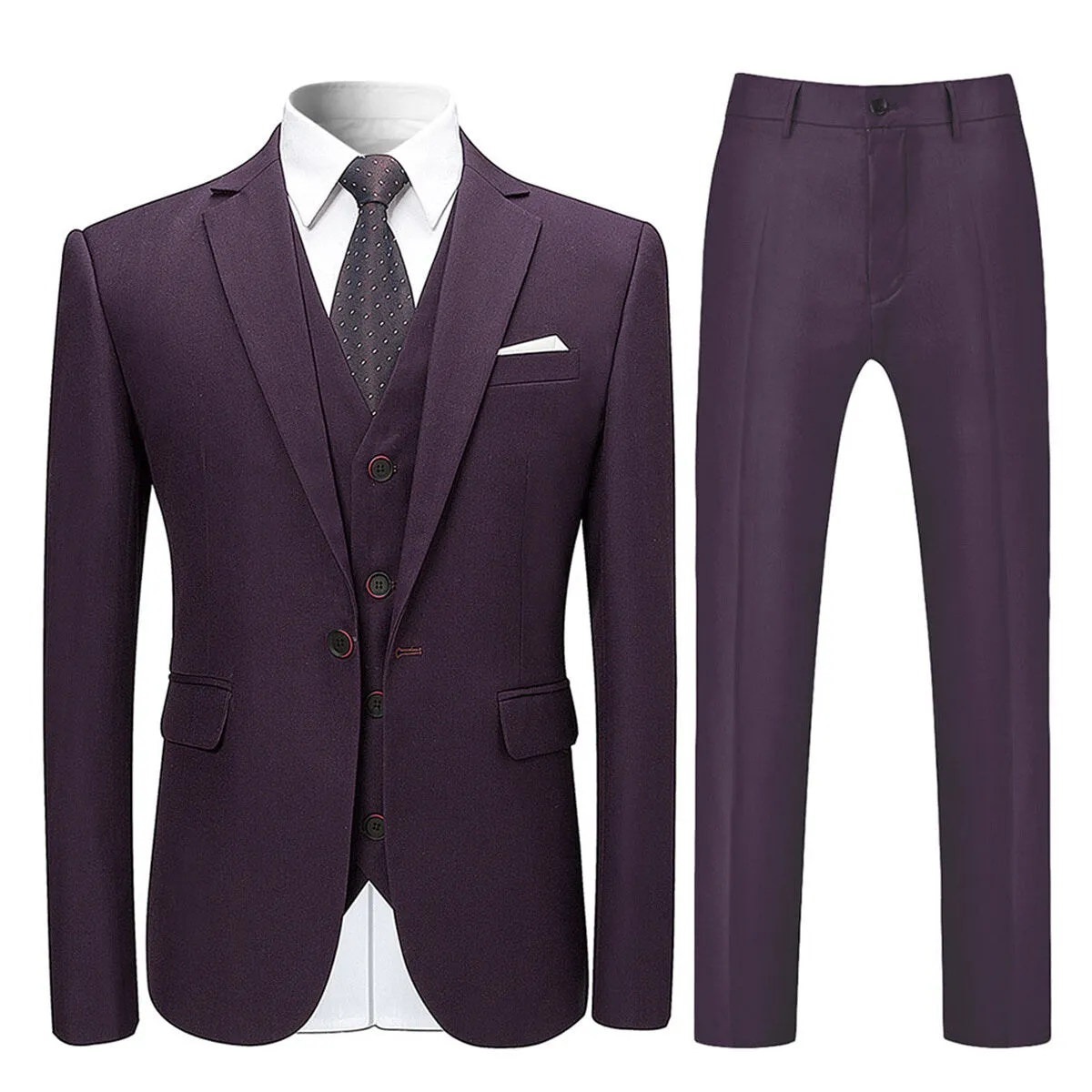 3-Piece Slim Fit Solid Color Jacket Smart Wedding Formal Suit Purple