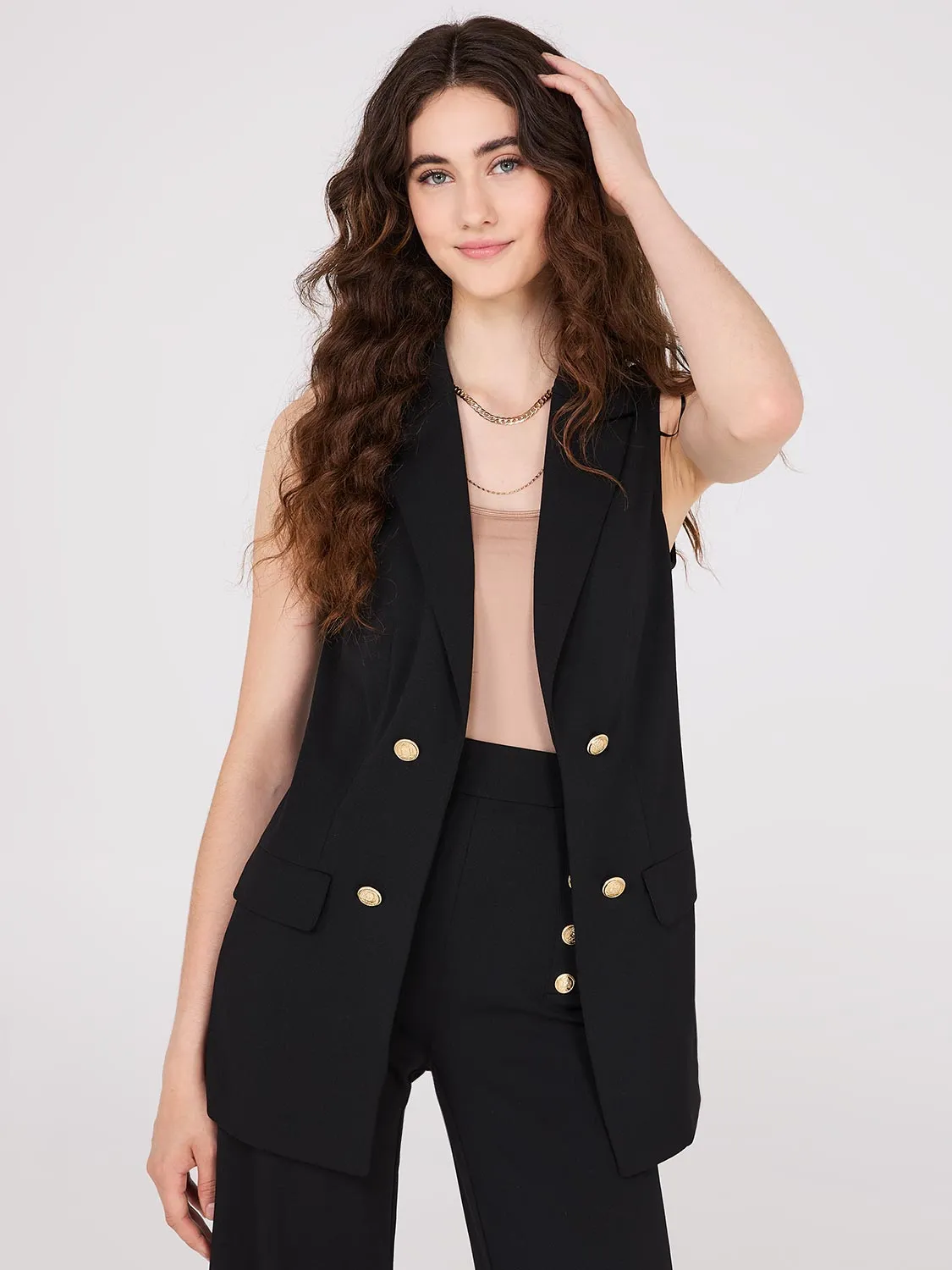 4-Button Sleeveless Open Blazer