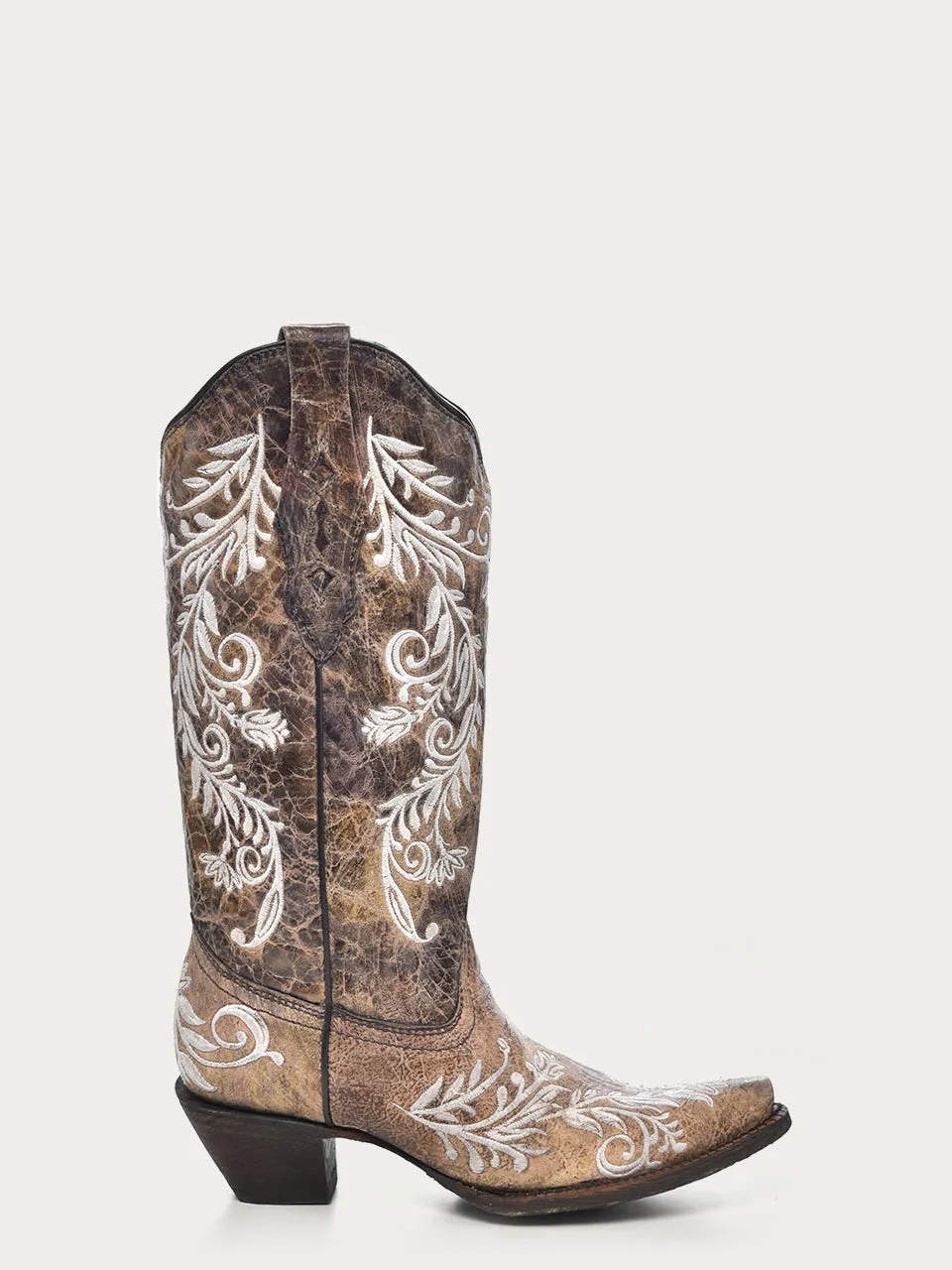 A3753 - WOMEN'S GLOW IN THE DARK WHITE FEATHERED FLORAL EMBROIDERY BROWN SNIP TOE COWBOY BOOT