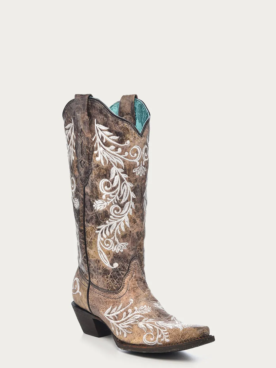 A3753 - WOMEN'S GLOW IN THE DARK WHITE FEATHERED FLORAL EMBROIDERY BROWN SNIP TOE COWBOY BOOT