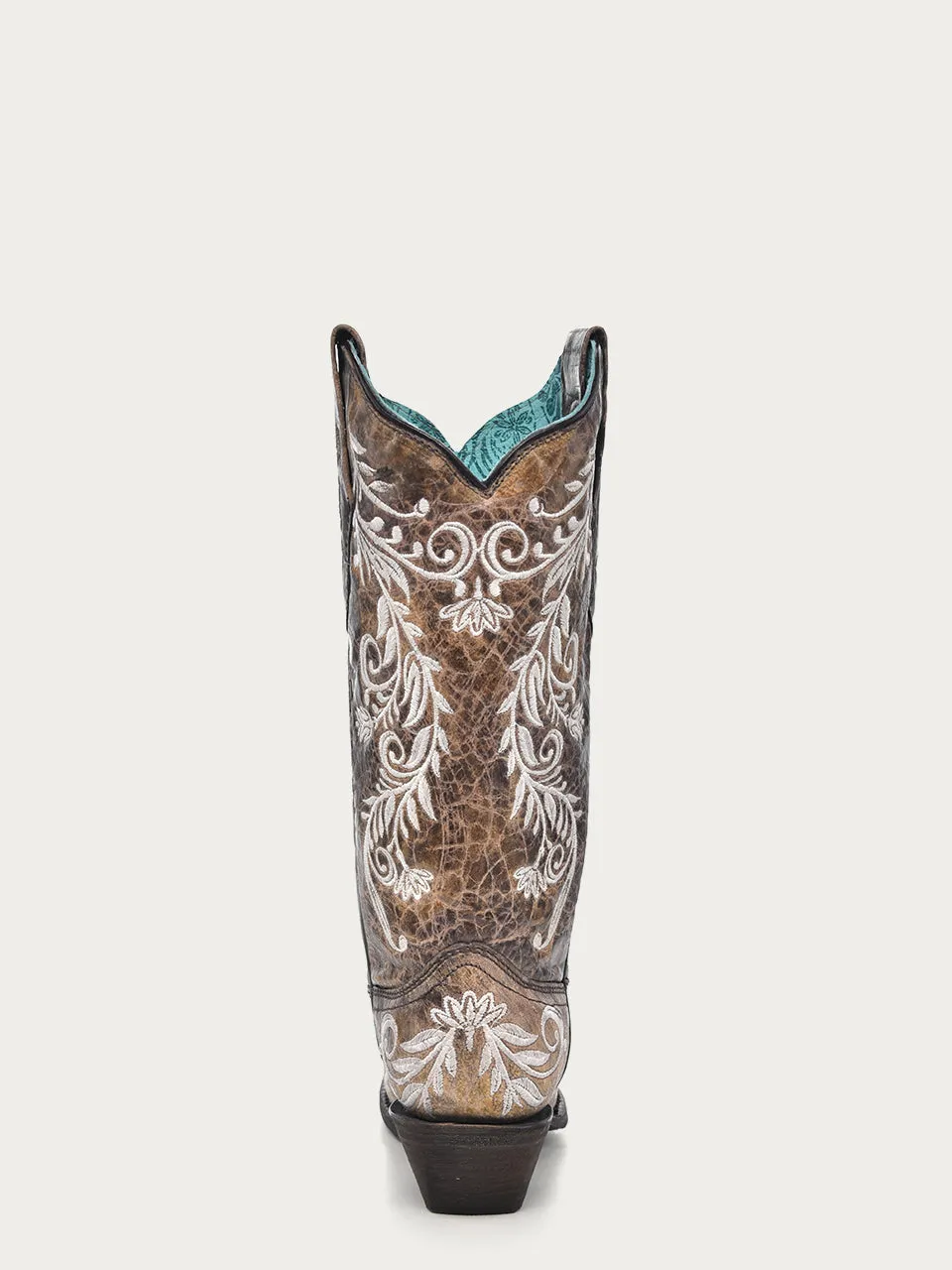 A3753 - WOMEN'S GLOW IN THE DARK WHITE FEATHERED FLORAL EMBROIDERY BROWN SNIP TOE COWBOY BOOT