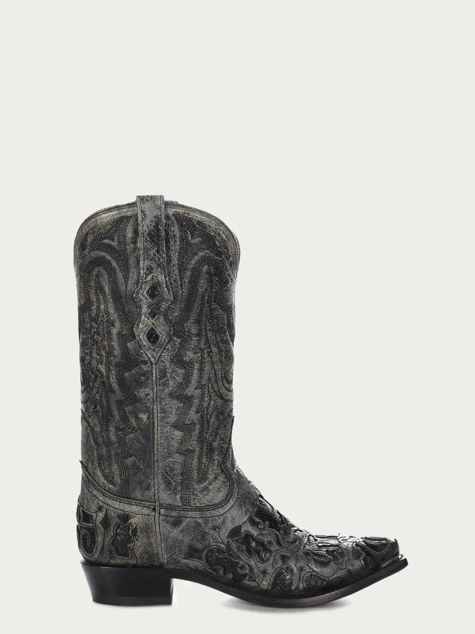 A4116 - MEN'S BLACK ALLIGATOR INLAY AND EMBROIDERY SNIP TOE COWBOY BOOT