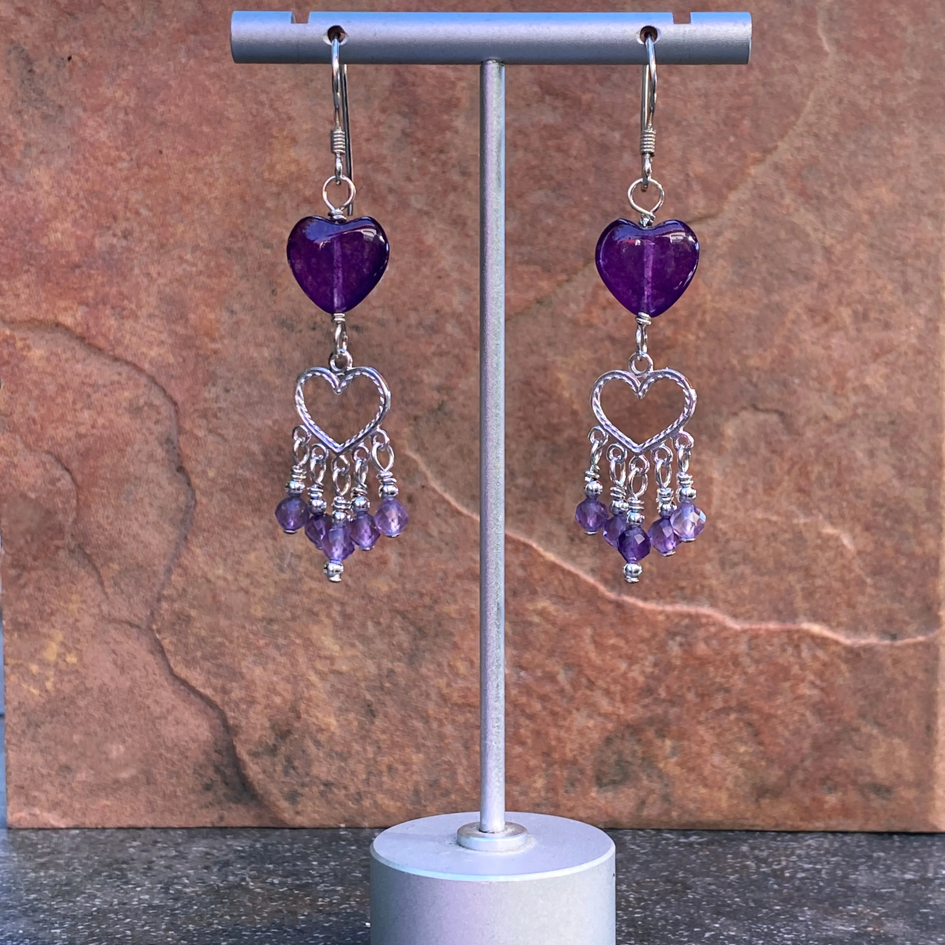 Amethyst gemstone Heart Chandelier Earrings