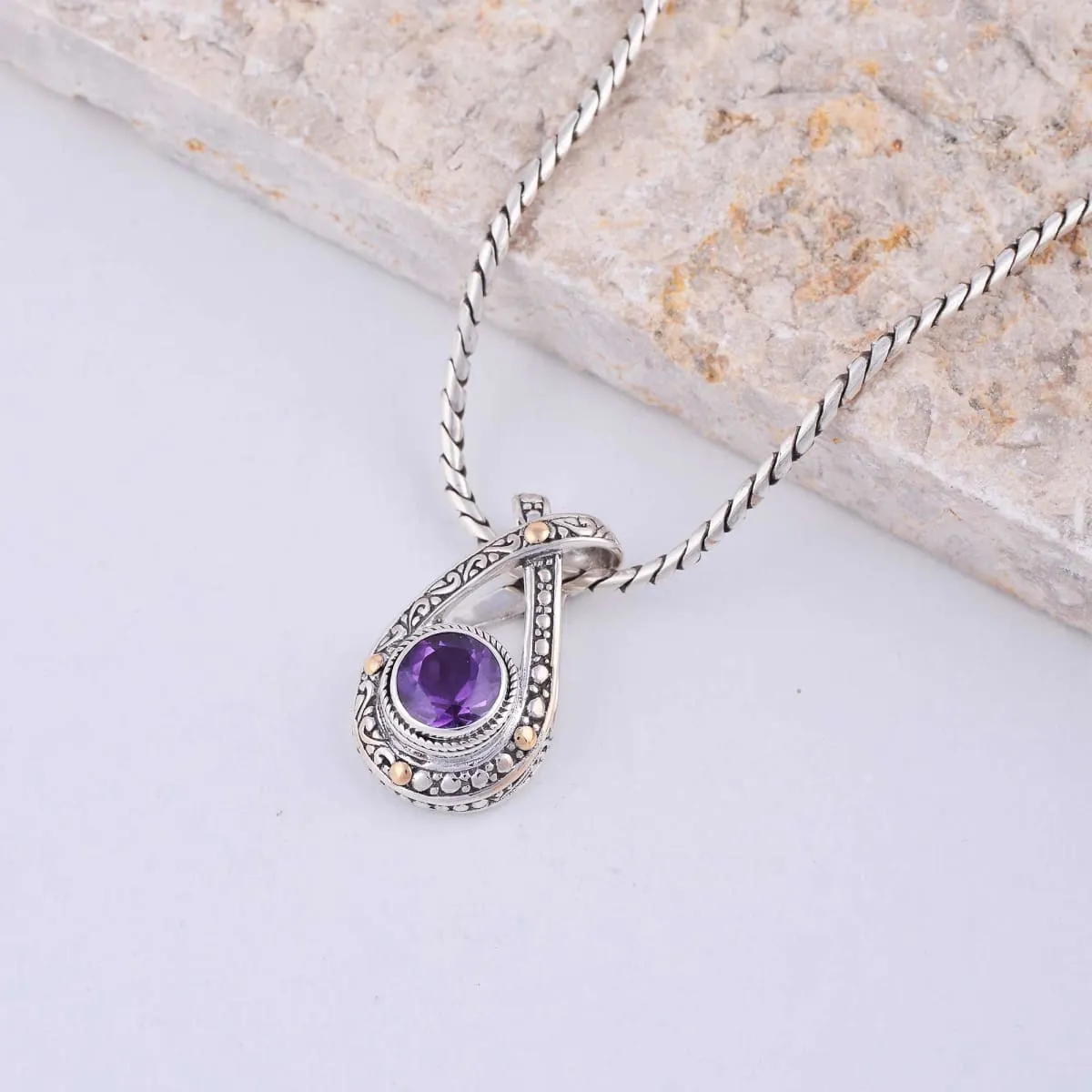 Amethyst Necklace Silver 925 with Gold Accents 18k