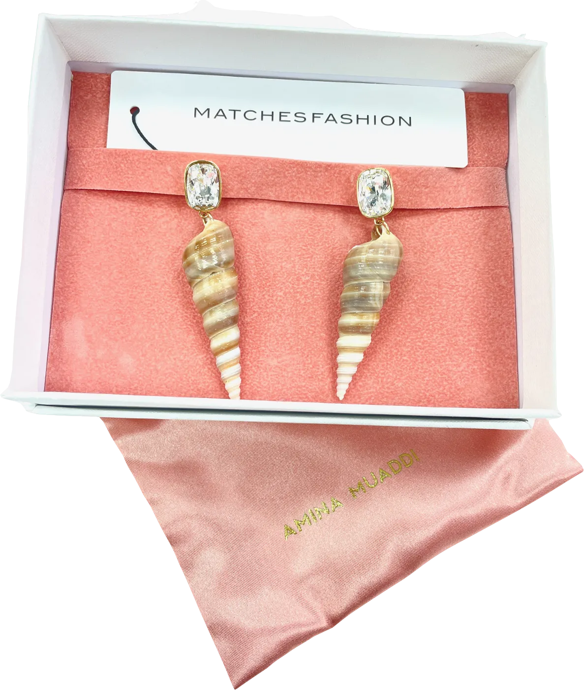 Amina Muaddi Metallic Spira Crystal & Shell Drop Earrings BNIB