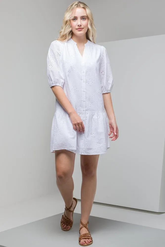 Anglaise Puff Sleeve Belted Dress White