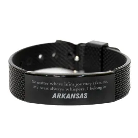 Arkansas State Gifts, No matter where life's journey takes me, my heart always whispers, I belong in Arkansas, Proud Arkansas Black Shark Mesh Bracelet Birthday Christmas For Men, Women, Friends