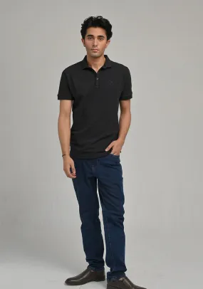 Basic Polo Black Knitted Collar T-Shirt