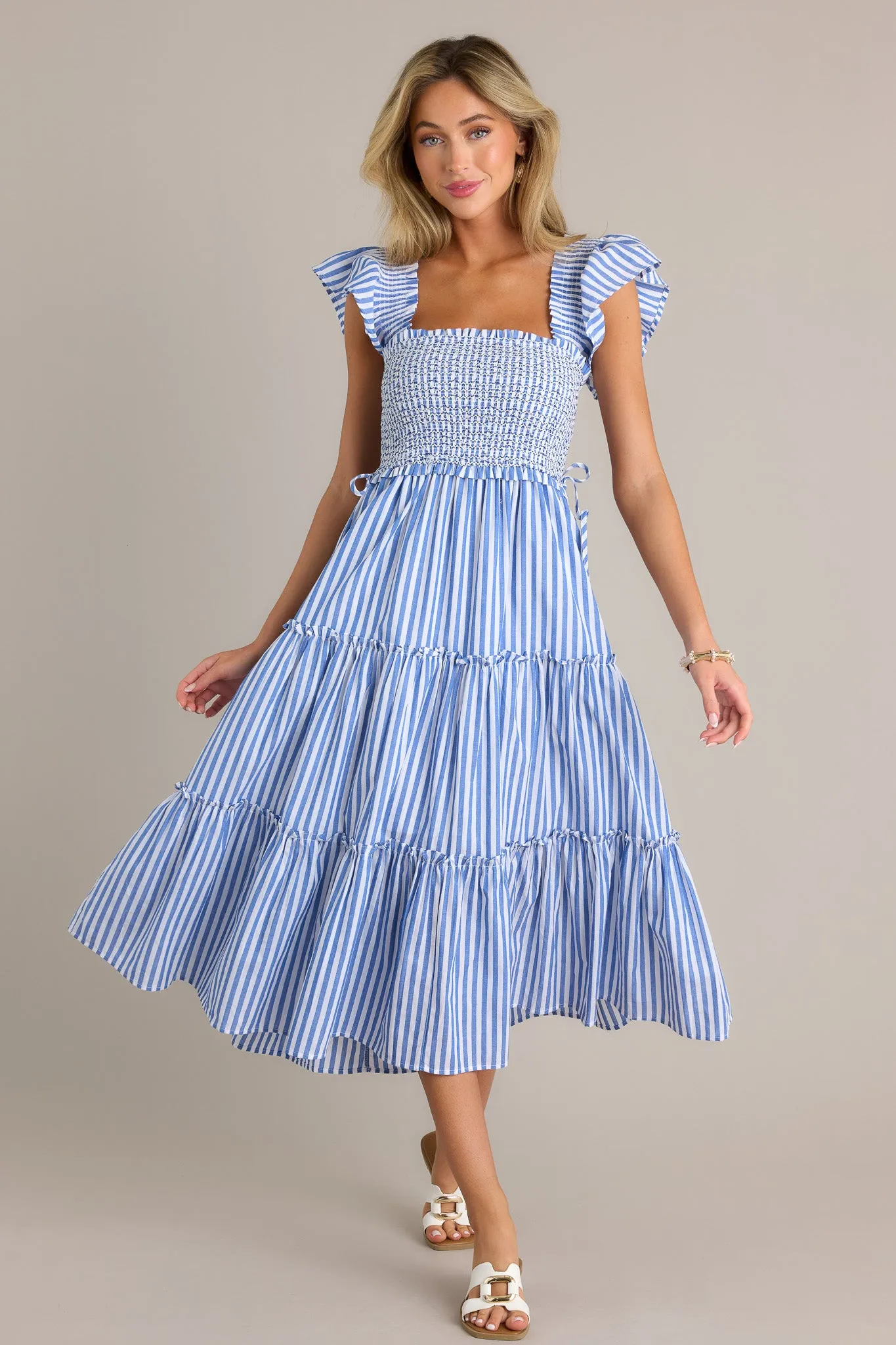 Bayside Stroll 100% Cotton Blue Stripe Smocked Midi Dress