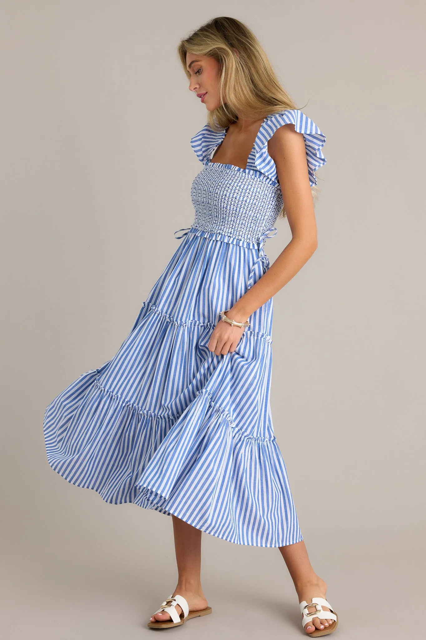 Bayside Stroll 100% Cotton Blue Stripe Smocked Midi Dress