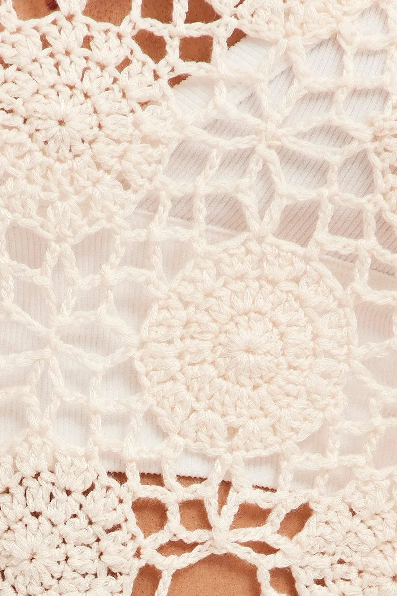 Beige Crochet Knit Sleeveless V-Neck