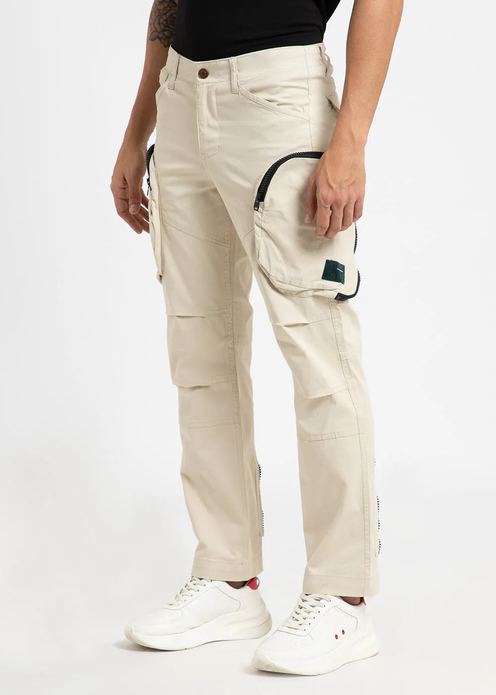 Beige Zipper Cargo Pant