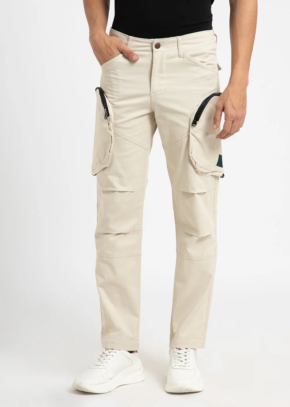 Beige Zipper Cargo Pant