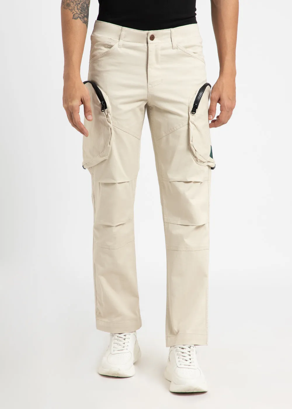 Beige Zipper Cargo Pant