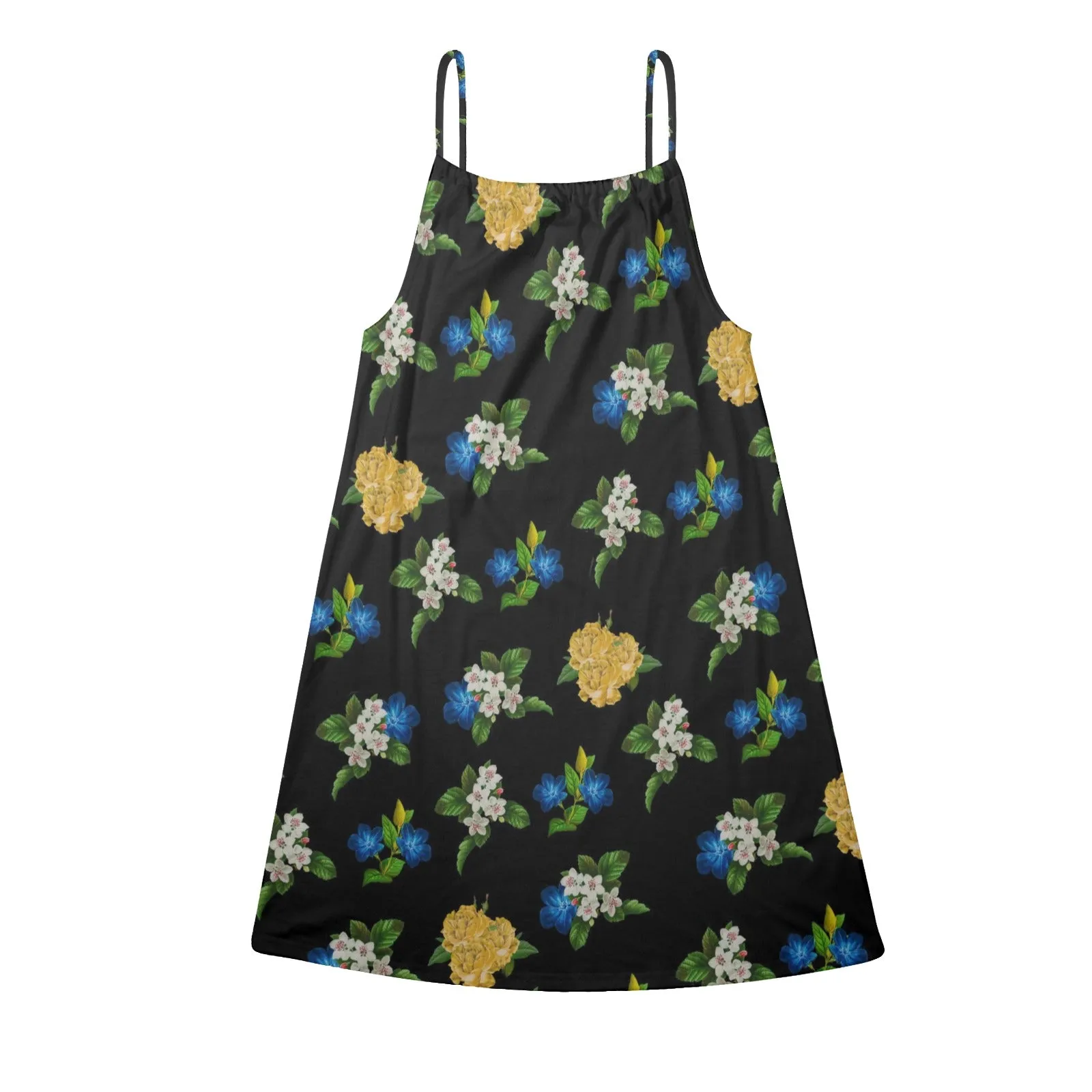 black floral blue gold white print 2 Drawstring Neck Sleeveless Dress (Model D68)