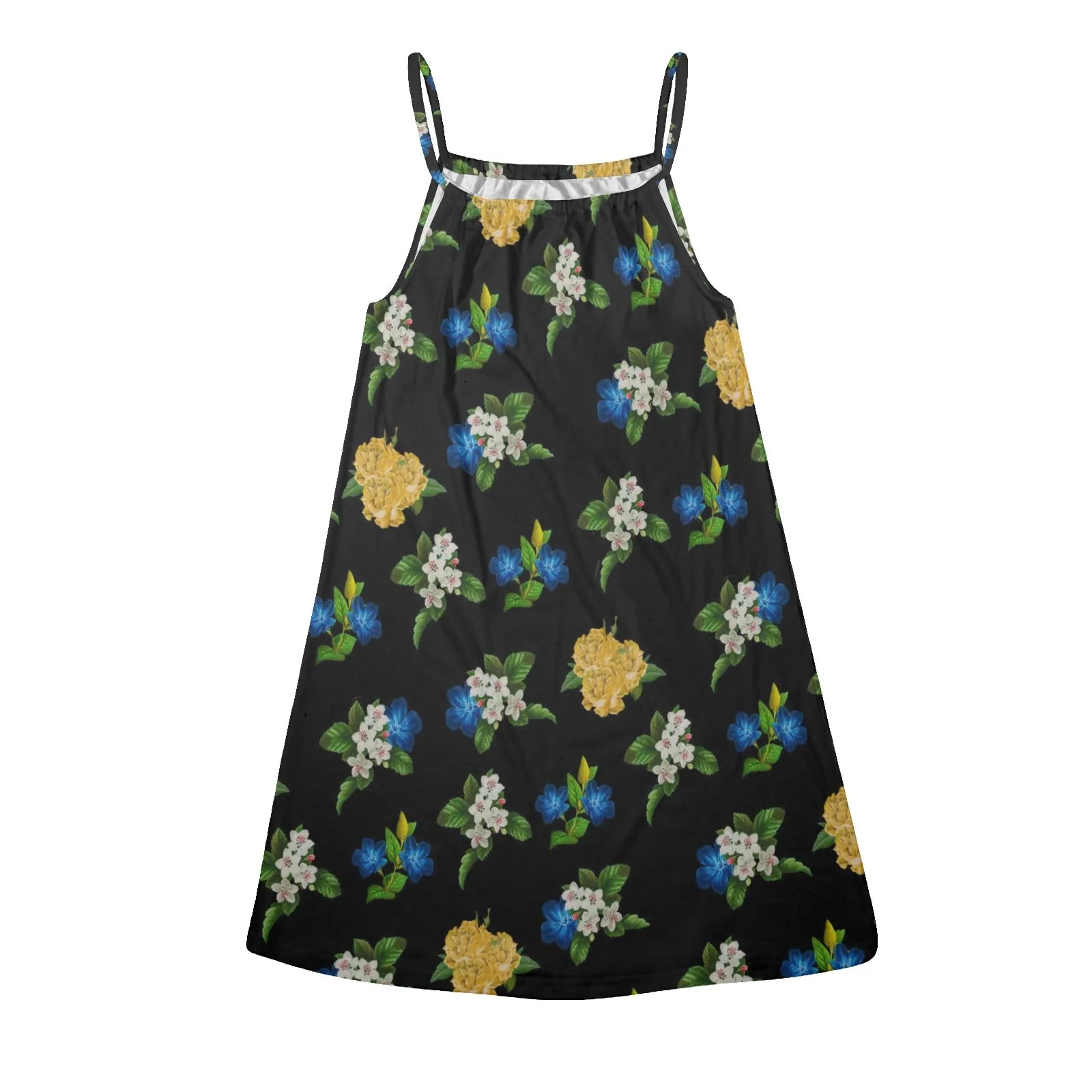 black floral blue gold white print 2 Drawstring Neck Sleeveless Dress (Model D68)