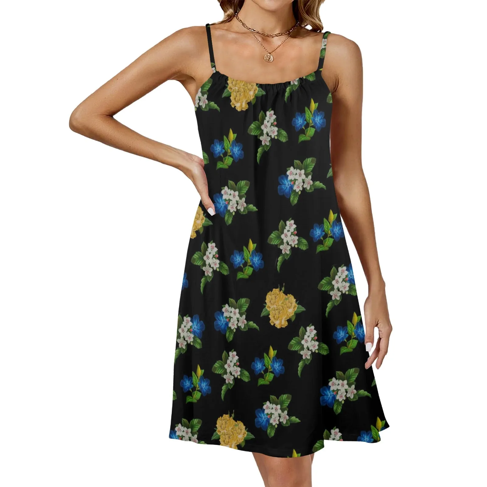 black floral blue gold white print 2 Drawstring Neck Sleeveless Dress (Model D68)