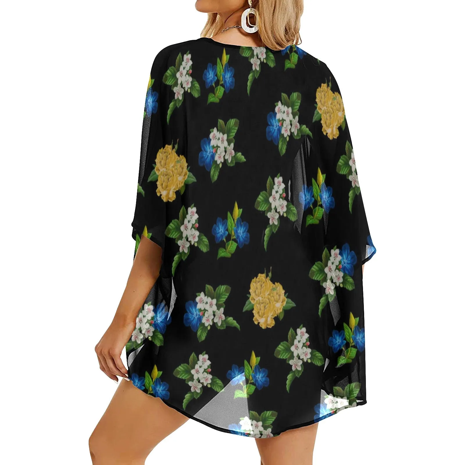 black floral blue gold white print 2 Women's Kimono Chiffon Cover Up (Model H51)