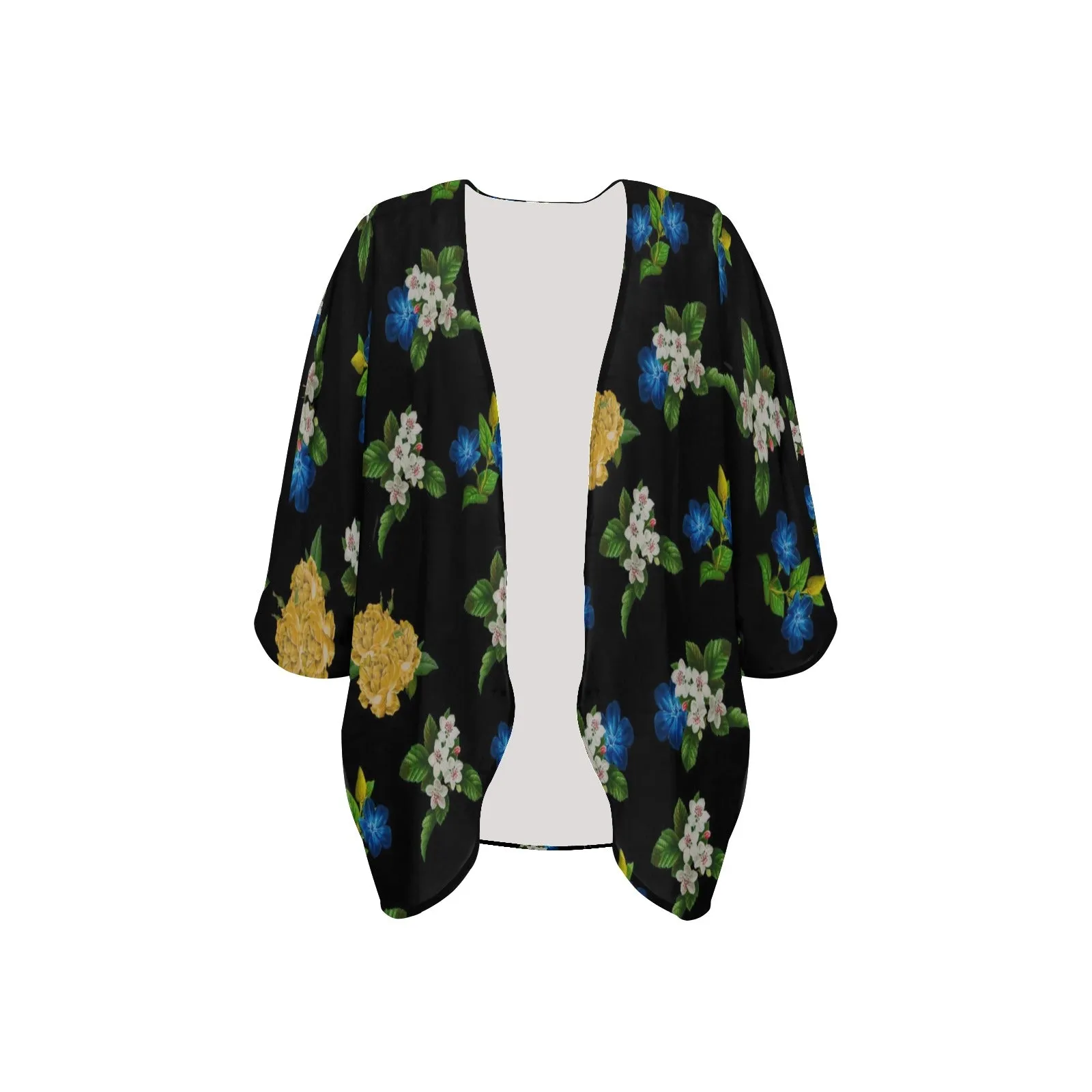 black floral blue gold white print 2 Women's Kimono Chiffon Cover Up (Model H51)