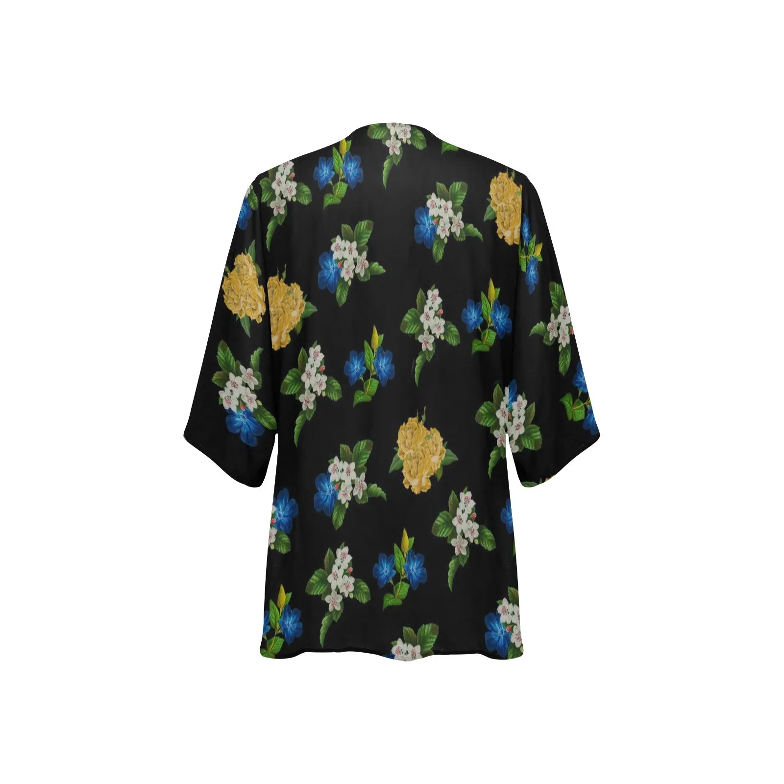 black floral blue gold white print 2 Women's Kimono Chiffon Cover Up (Model H51)