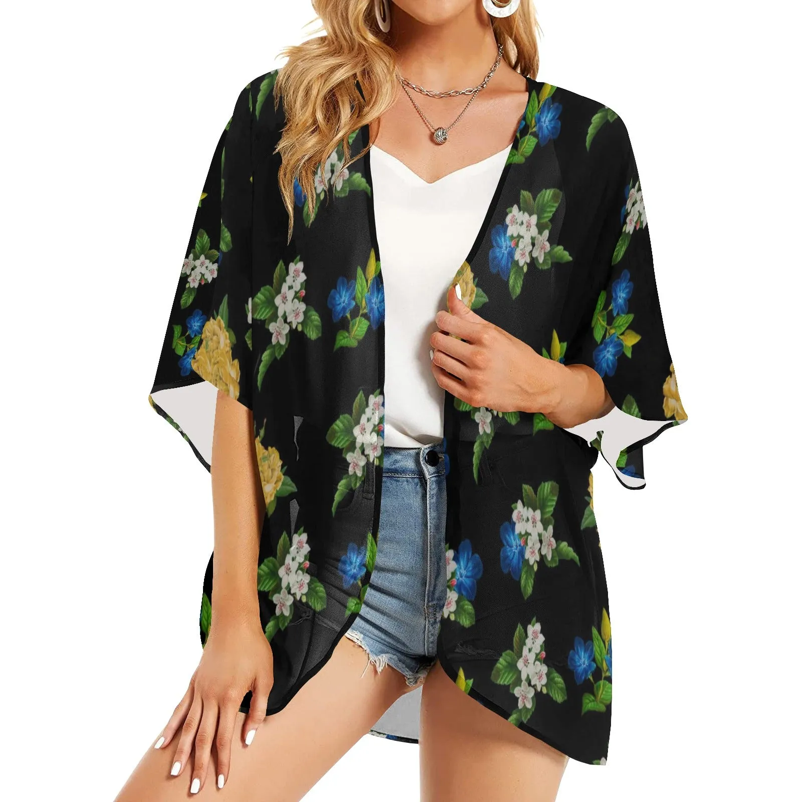 black floral blue gold white print 2 Women's Kimono Chiffon Cover Up (Model H51)