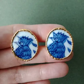 Blue and white rooster cufflinks