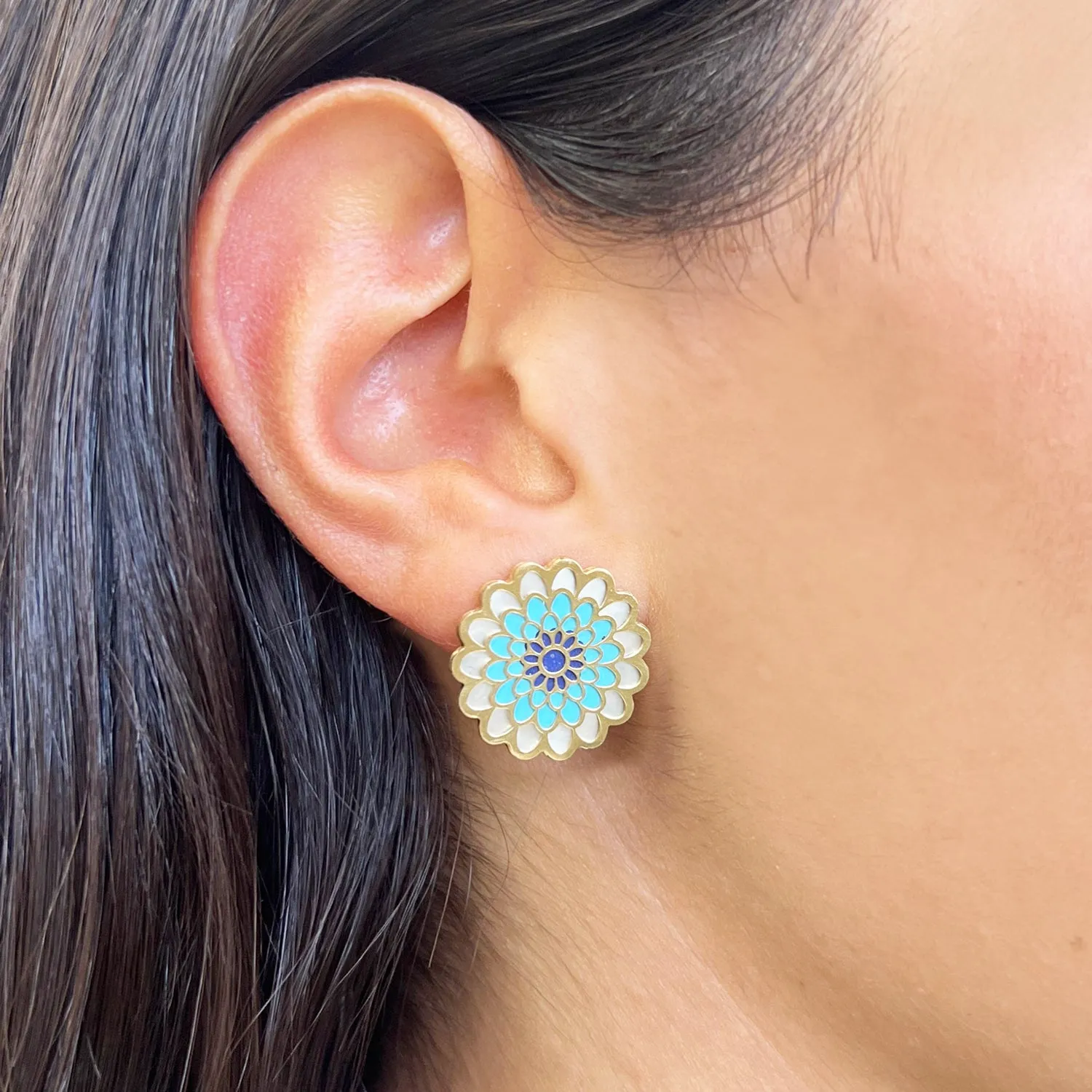 Blue Dahlia Flower Stud Earrings