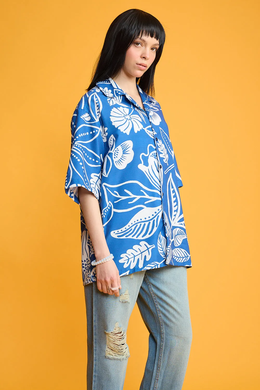 Blue Flower Print Women's Resort Shirt