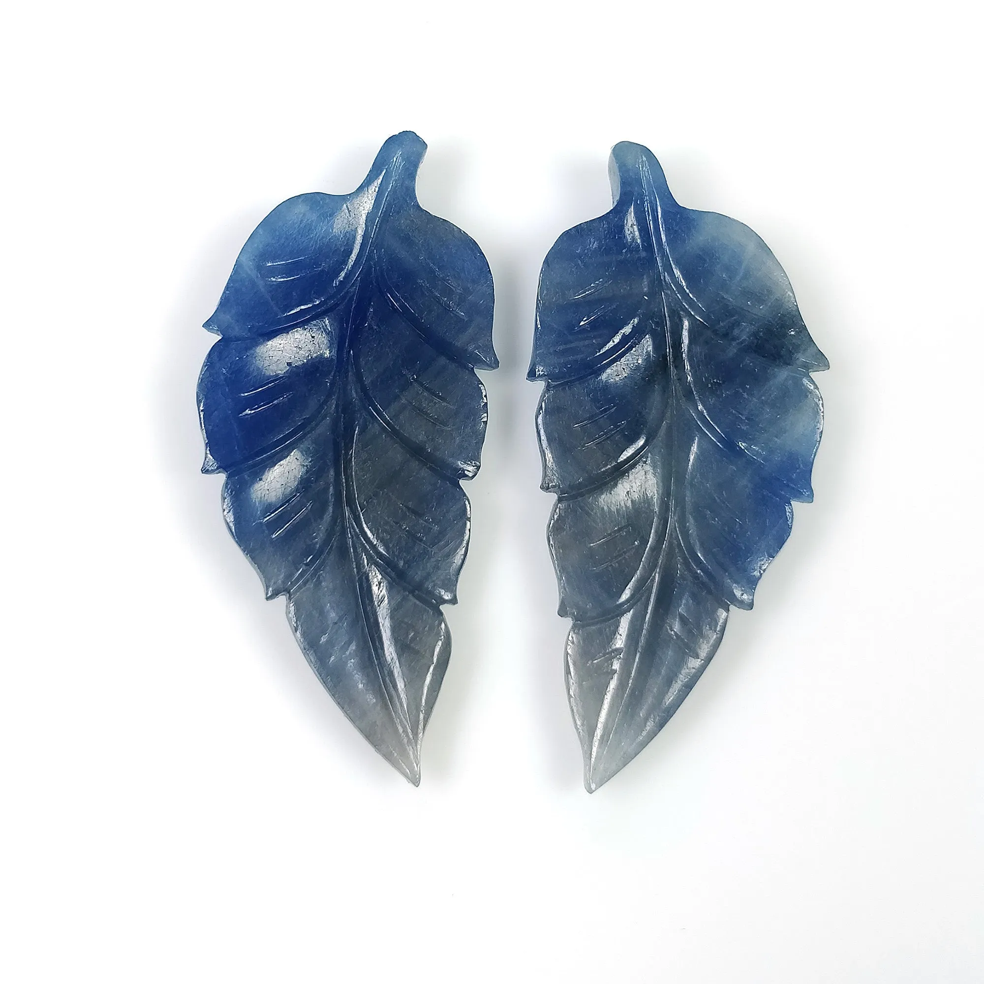 BLUE SAPPHIRE Gemstone Carving : 44.71cts Natural Untreated Unheated Sapphire Hand Carved Leaf 40*18mm Pair (With Video)