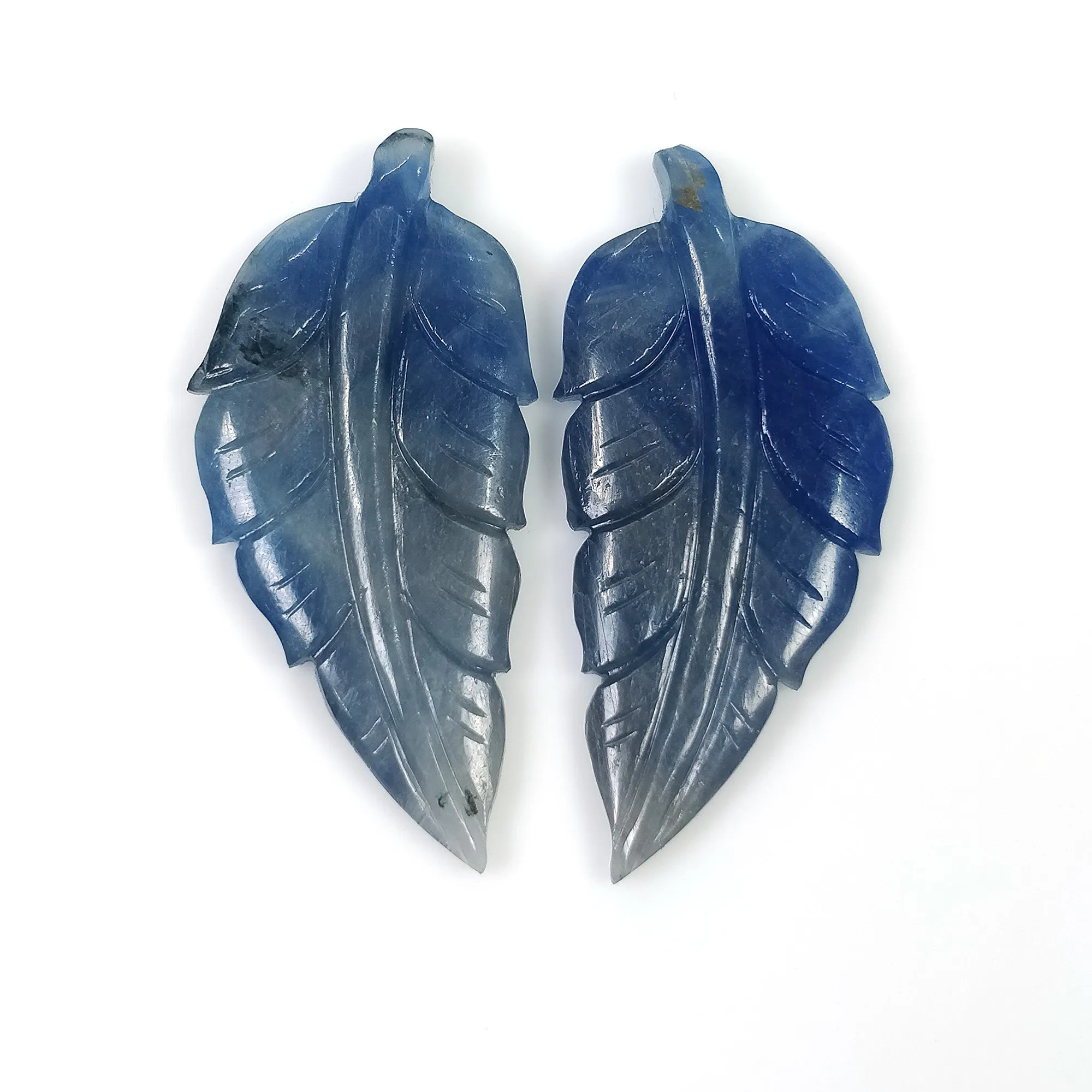 BLUE SAPPHIRE Gemstone Carving : 44.71cts Natural Untreated Unheated Sapphire Hand Carved Leaf 40*18mm Pair (With Video)