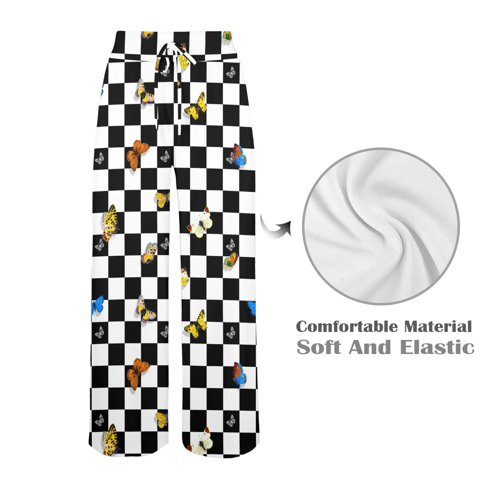 butterfly checker bw print Women's Wide Leg Lounge Pants (Model L77)