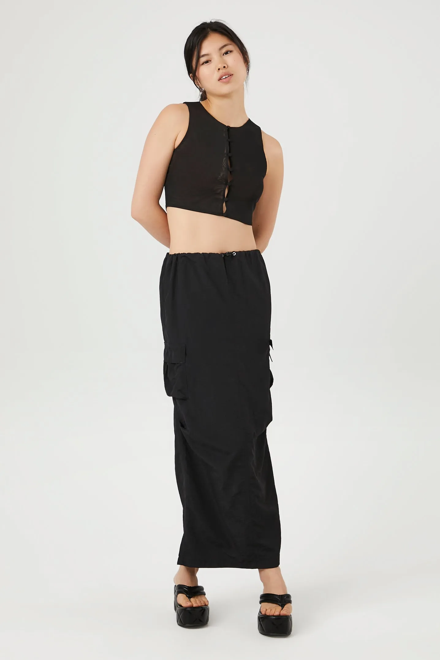 Button-Front Mesh Crop Top