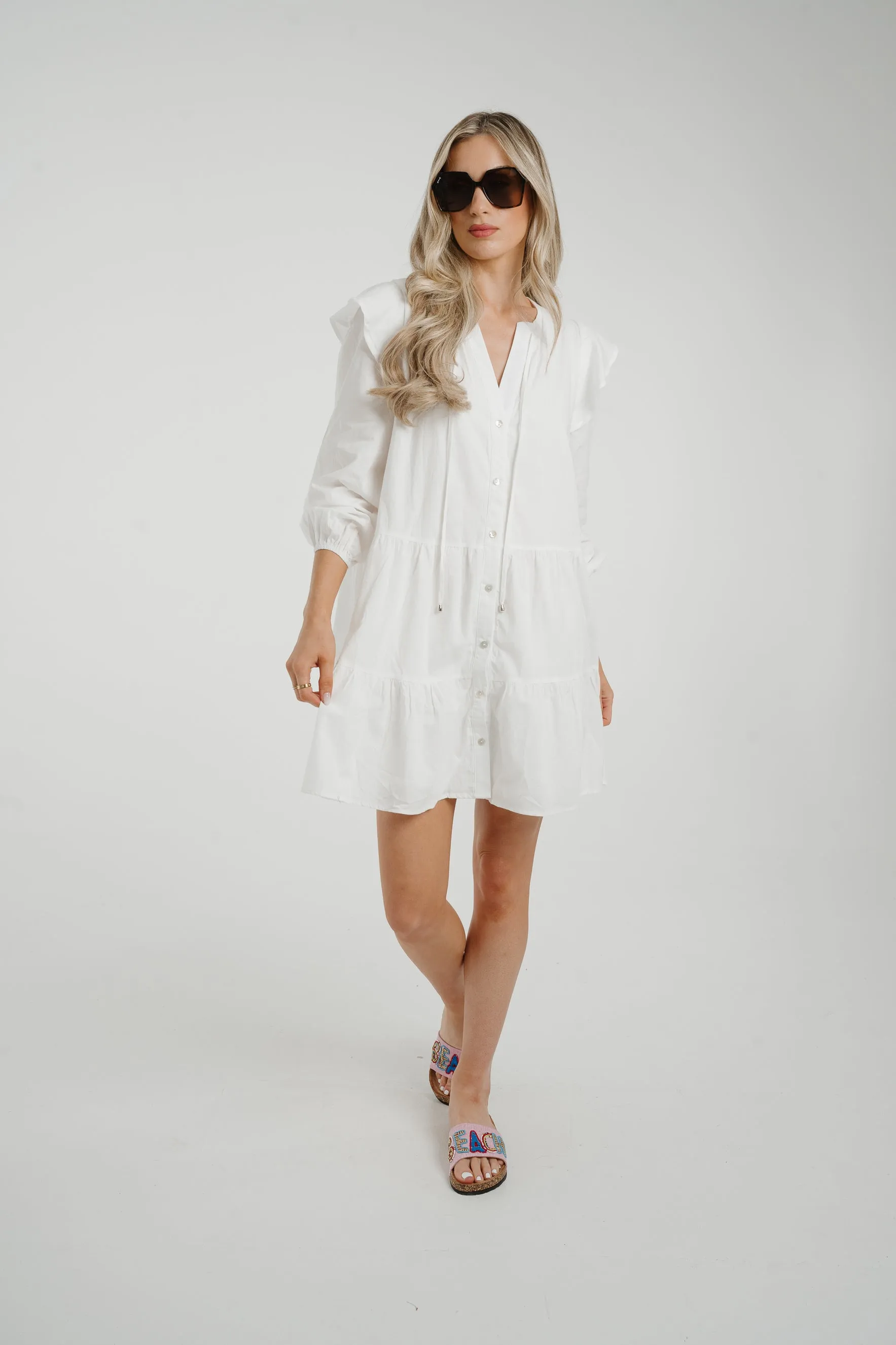 Caitlyn Tiered Shirt Dress In White