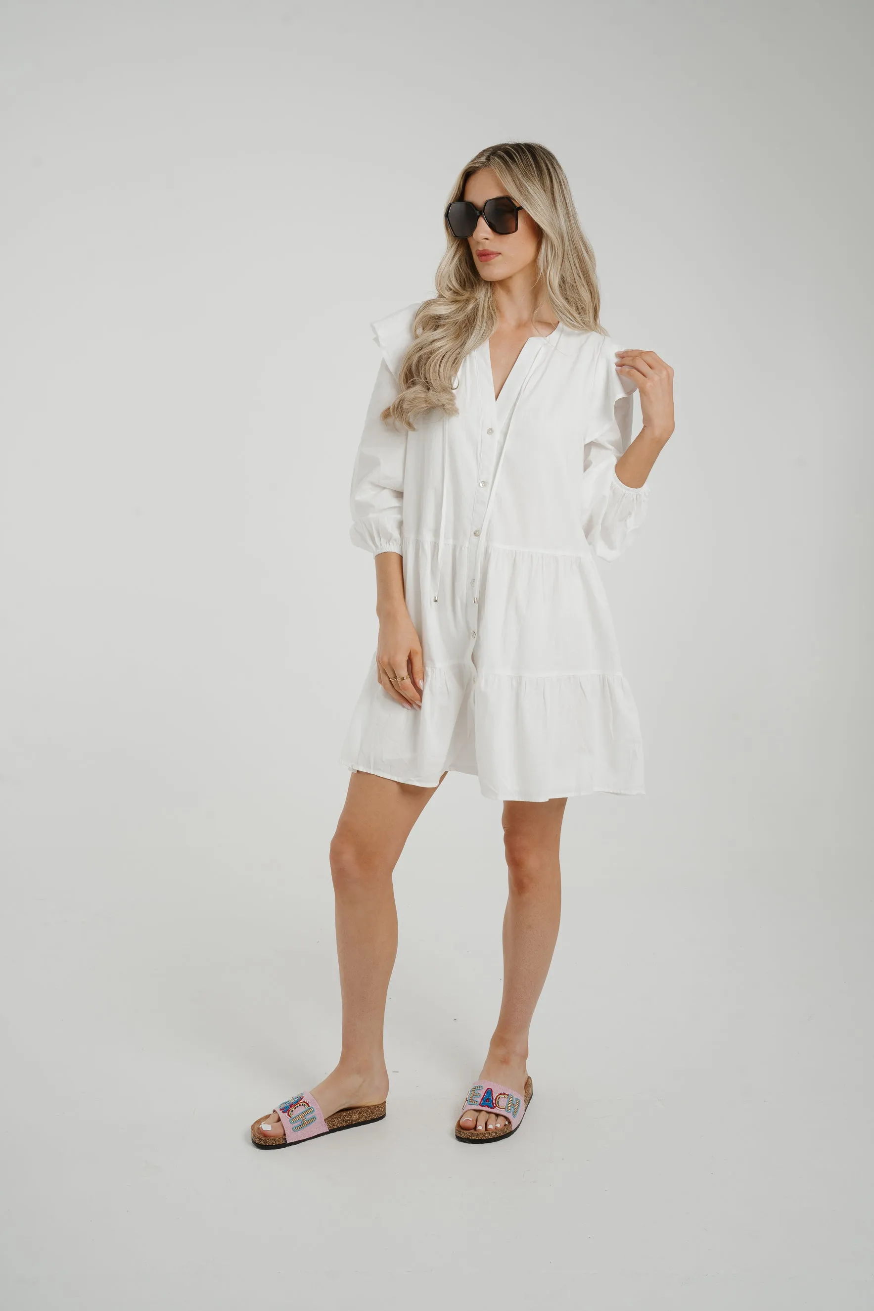 Caitlyn Tiered Shirt Dress In White