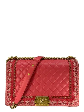 Chanel Pink Quilted Lambskin Boy Bag With Tweed Size M