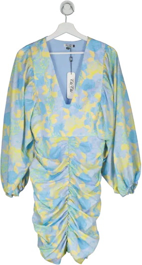 Chi Chi London Blue Ruched Long Sleeve Floral Print Mini Dress UK 12