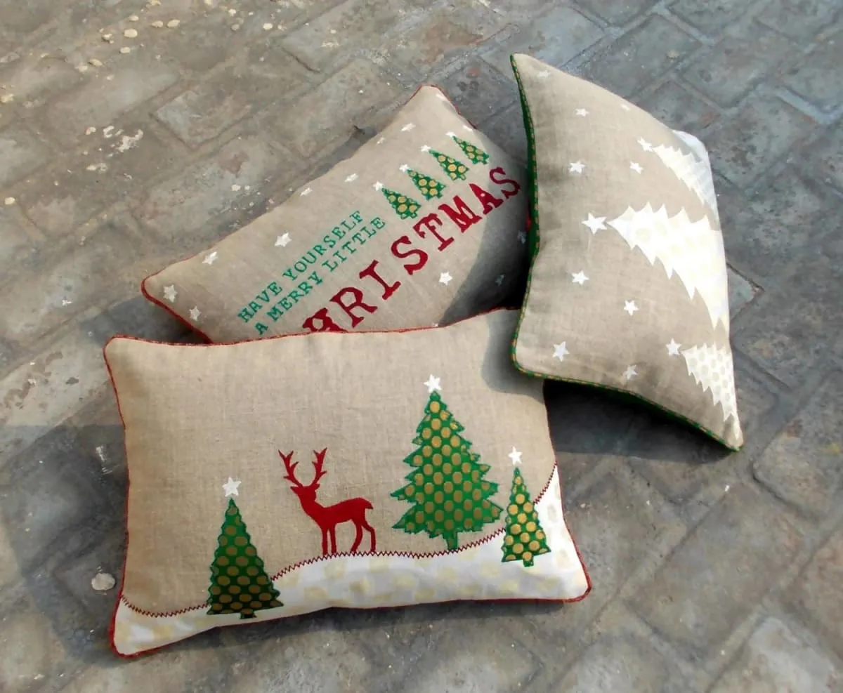 Christmas linen pillow cover, christmas trees, reindeer, Indian brocade applique, embroidered pillow size 14"X 21"