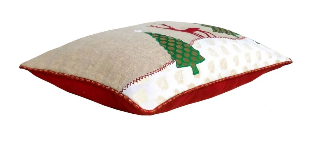 Christmas linen pillow cover, christmas trees, reindeer, Indian brocade applique, embroidered pillow size 14"X 21"