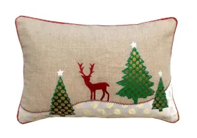 Christmas linen pillow cover, christmas trees, reindeer, Indian brocade applique, embroidered pillow size 14"X 21"