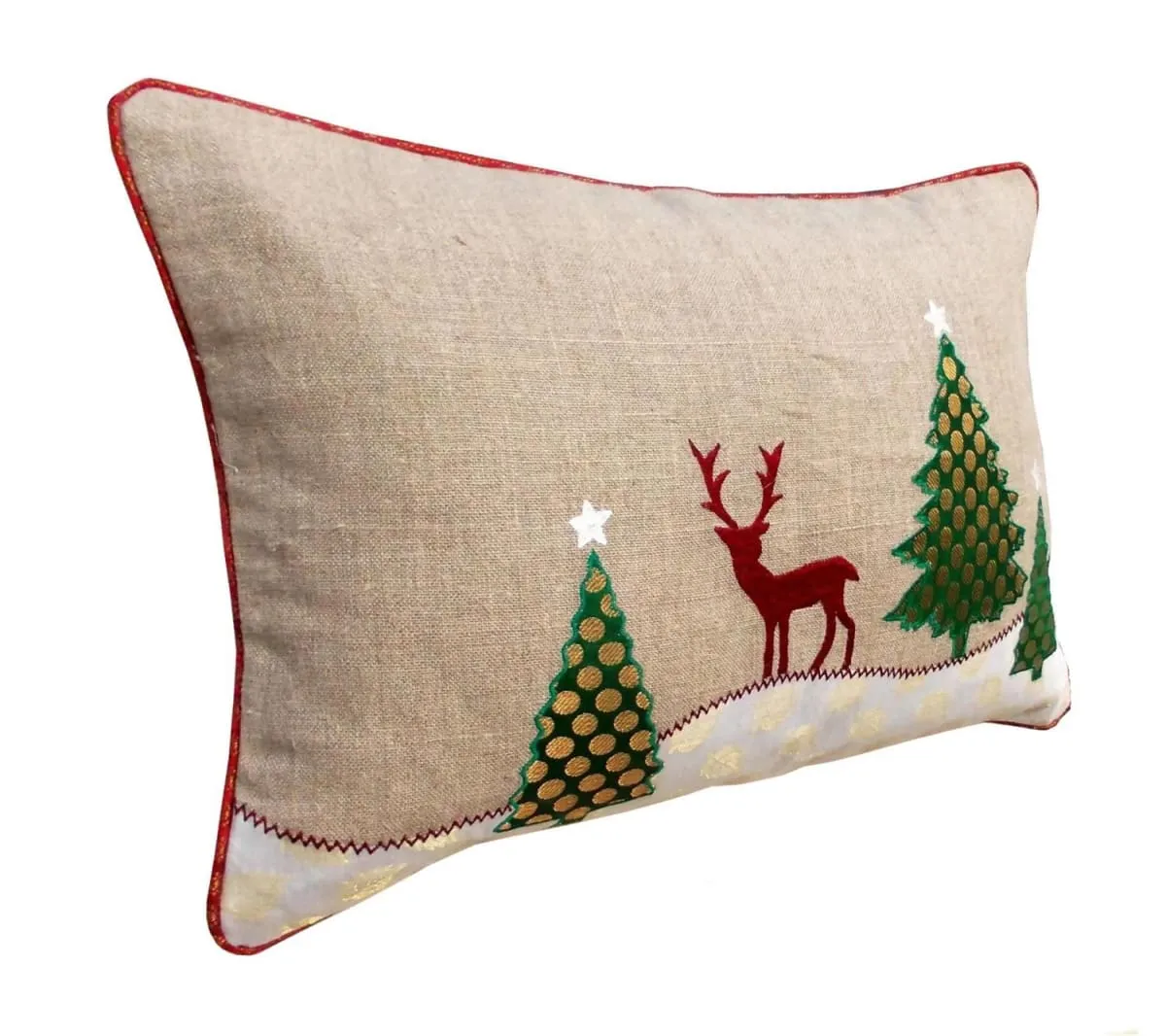 Christmas linen pillow cover, christmas trees, reindeer, Indian brocade applique, embroidered pillow size 14"X 21"