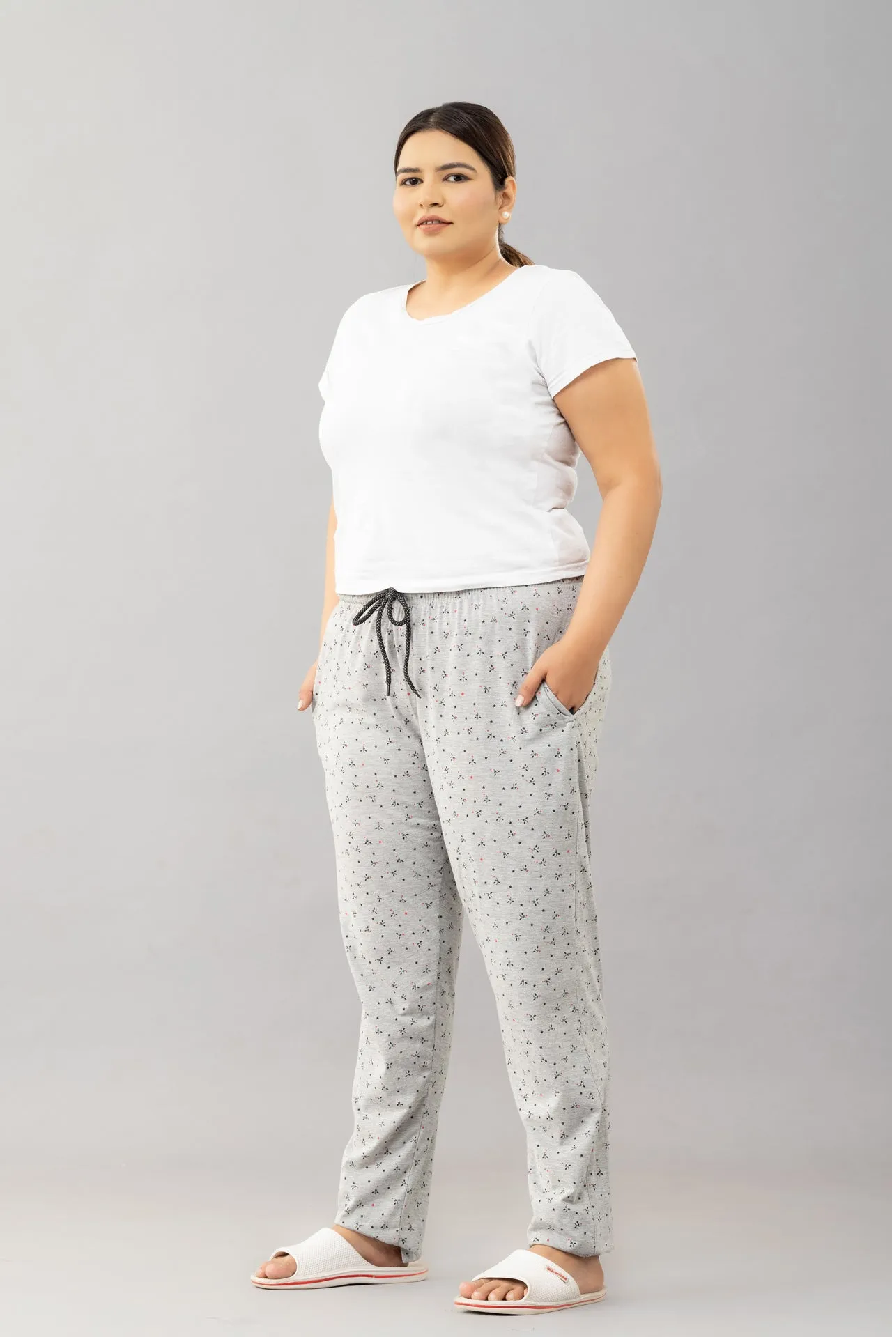 Cotton Printed All Day Night Pants For Women - Grey