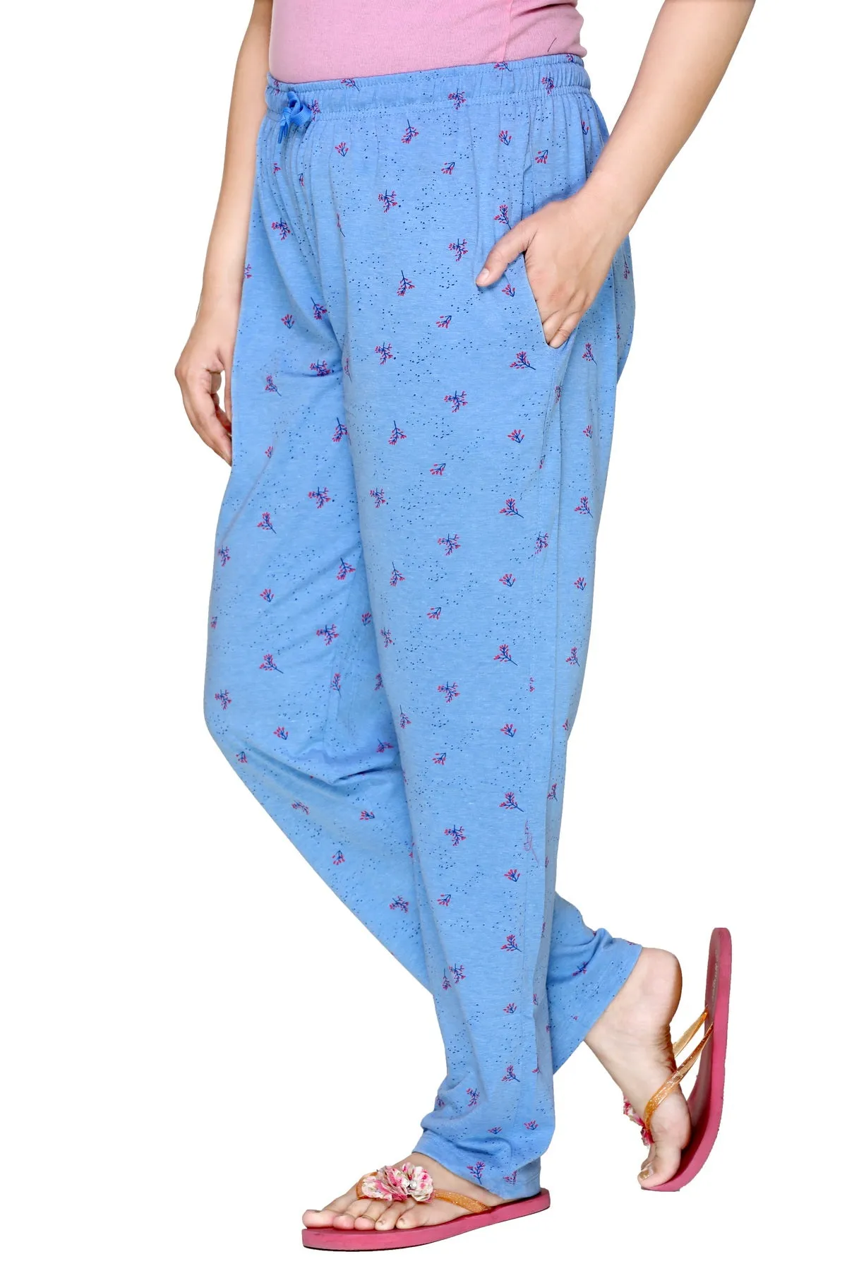 Cotton Printed Night Pants For Women - Blue