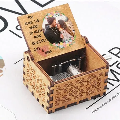 Custom Name&Photo Flowers Wooden Music Box Put Your Couple Photo on Music Box