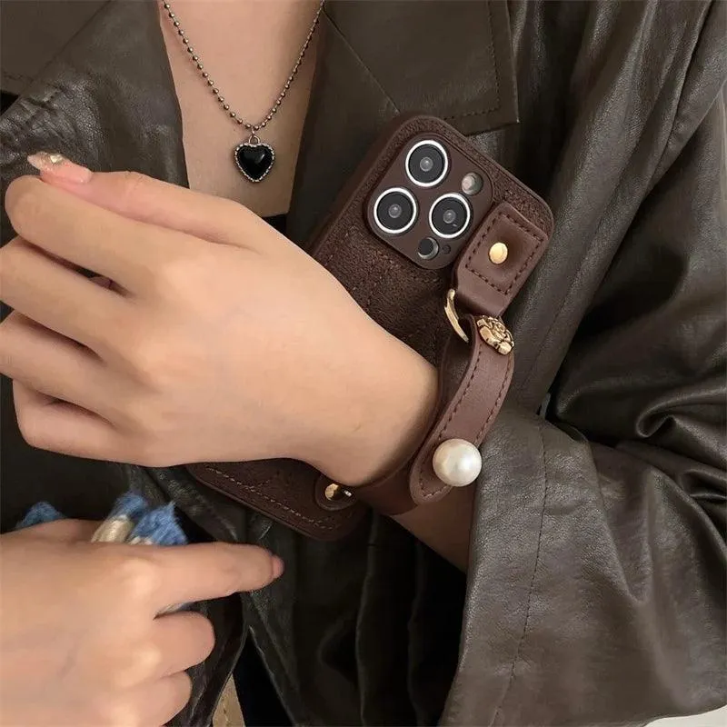 Cute Leather Phone Case with Fashion Wrist Strap for iPhone 11, 12, 13, 14, 15 Pro Max, XS, XR, X, and 15 Plus