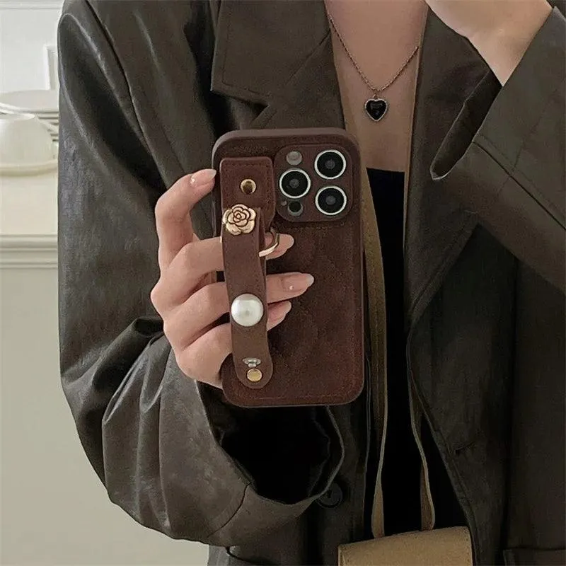 Cute Leather Phone Case with Fashion Wrist Strap for iPhone 11, 12, 13, 14, 15 Pro Max, XS, XR, X, and 15 Plus