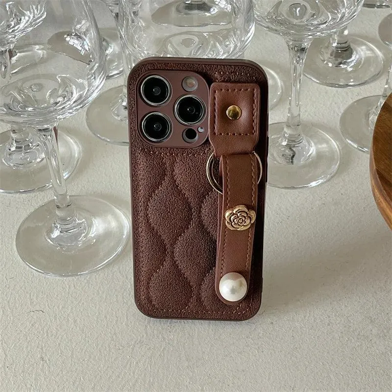 Cute Leather Phone Case with Fashion Wrist Strap for iPhone 11, 12, 13, 14, 15 Pro Max, XS, XR, X, and 15 Plus