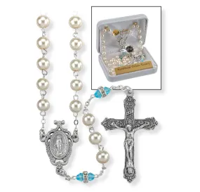 Deluxe March Birthstone Imitation Pearl Rosary